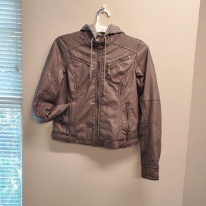 Jou Jou Gray Faux Leather Jacket with Jersey Knit Hood